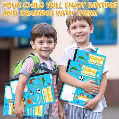 Watersay 3 Pcs Primary Composition Notebook K-2 with Picture Space Primary Journal Grades K-2 Animal Print 50 Sheet (100 Pages) Drawing and Writing Notebook for Preschool, 1st 2nd Grade (Blue Color)