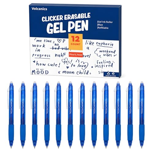 Volcanics Retractable Clicker Erasable Gel Pens, Blue Ink, 0.7mm, 12 Pack | Gel Ink Pens Erasable With Built-In Eraser, Smooth Writing For School, Office, Journaling, Note Taking And Daily Use - color: Blue