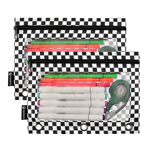 2 Pack 3 Ring Binder Pencil Pouch Racing Checkered Flag Pencil Case Pencil Bags with Zipper, Clear PVC Binder Pockets for Office Daily Supplies - color: Color 19