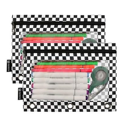 2 Pack 3 Ring Binder Pencil Pouch Racing Checkered Flag Pencil Case Pencil Bags with Zipper, Clear PVC Binder Pockets for Office Daily Supplies - color: Color 19