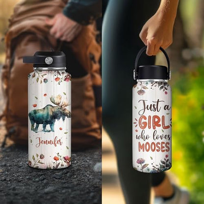 Hyturtle Personalized Moose Water Bottle - Travel Insulated Stainless Steel Bottle with Leak-Proof Lid 18oz 32oz - Cute Animal Gift for Women, Girls, Moose Lovers - Birthday & Christmas Gift - color: Moose