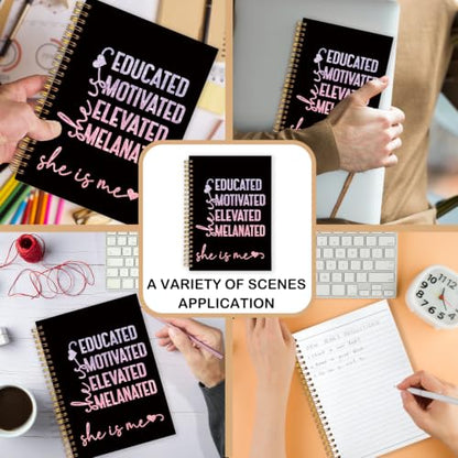 Black Girl Magic Gifts Spiral Notebook for Women 5.5x8.3 Inch | African American Gifts for Black Women,Educated Motivated Elevated Melanated Motivational Black Glitter Notebook Journal - color: Black glitter white