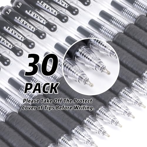Aen Art 30 Gel Pens - Retractable Gel Ink Roller Pens for Writing, Black 0.7mm Fine Point- for Office, School - Quick Dry + Rubber Grips