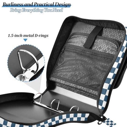 Navy White Checkered Binder Bag 3 Ring Zipper Binders with Shoulder Strap for School Office Organizer Storage - color: Q019