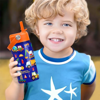 Construction Water Bottle - Kids Water Bottle with Straw Lid - 12 Oz Insulated Stainless Steel Water Bottles for Kid Boys - Travel Cup for School Sports - color: Construction 3