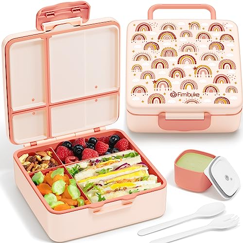 Fimibuke Bento Lunch Box for Kids, Toddler Bento Box with 4 Compartments | Leak Proof BPA Free Dishwasher Safe Lunch Container with Utensils, Ideal Portion Sizes for Ages 3-12 Girls Boys for School - color: A18. Groovy Rainbow