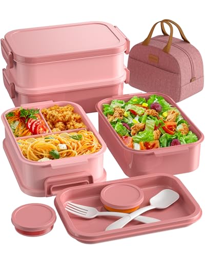 Adults Bento Lunch Box Set with Thermo Bag, 74oz Stackable Leak-proof 3-tiers Bento Box, Built-in Utensil and Sauce Container for Work, School, Dining Out (Pink) - color: Coral Pink