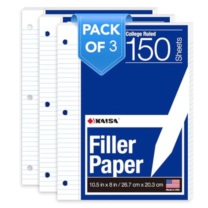 Kaisa Notebook Paper Bulk Wholesale Available 3 Pack Notebook Paper College Ruled 3-Hole Punched Loose Leaf Paper 8x10.5 Filler Paper for 3-Ring Binder, 150 Sheets/Pack (3 Pack-college) - color: College-new, size: 3pack