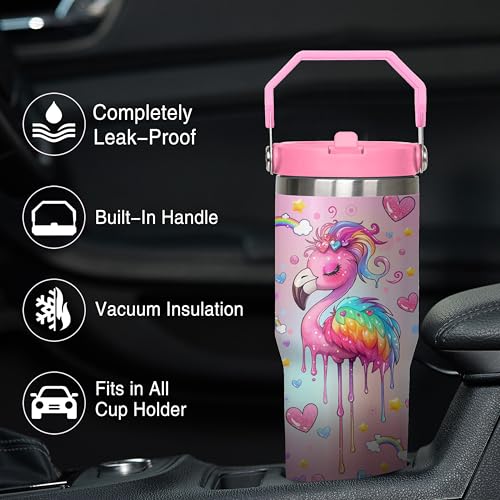 30 oz Flamingo Tumbler with Handle, Large Insulated Tumbler with Flip & Straw Coffee Mug Cup Stainless Steel Gifts for Women Men Youth - color: Pink