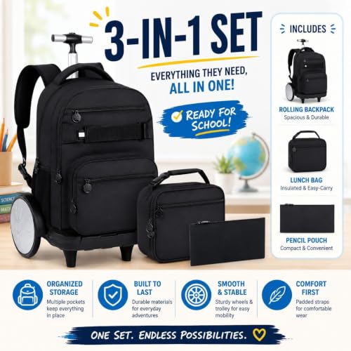 3Pcs Large Rolling Backpack for Teen Boys Men, 20 Inch Detachable Wheeled Bookbag with Lunch Box, Durable Oxford Cloth Roller Backpack for College School Travel (Black) - color: Large Wheels Classic Black