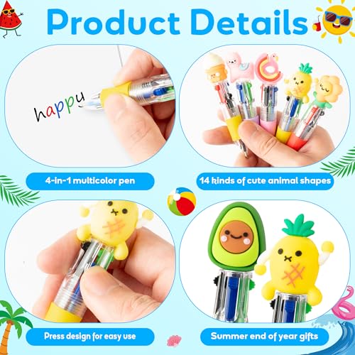 ANGOLIO End of Year Student Gifts Bulk 28 Sets Cute Summer 4 in 1 Multicolor Ballpoint Pens with Gift Cards for Summer Graduation Birthday Party Favors School Classroom Supplies Kids Students Rewards - style: Summer