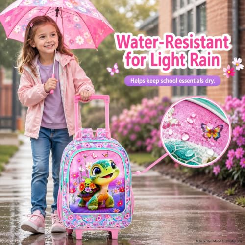 AGSDON 3PCS Kids Rolling Backpack, Girls Roller Wheels Bookbag, Wheeled Elementary School Bag with Lunch Bag - Turtle - color: Turtle Roller