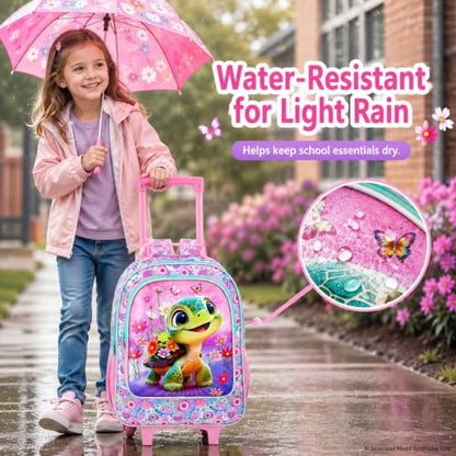 AGSDON 3PCS Kids Rolling Backpack, Girls Roller Wheels Bookbag, Wheeled Elementary School Bag with Lunch Bag - Turtle - color: Turtle Roller