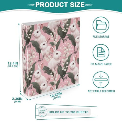 Pink Butterfly Flowers Cute Rabbit Binder 3 Ring 1.5 Inch Binder with Clipboard&Pockets, Hardcover Binders Heavy Duty Large File Folder for Office School Supplies - Holds 200 Sheets - color: Light Pink Butterfly Flower Rabbit, size: 1 Pack-12.4x10.63in