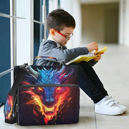 Zipper Binder Bag 3 Ring File Folder Portfolio Organizer Zippered Binder Bags with Strap Fits Laptop Women Men - color: Multi-dragon