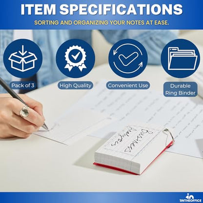 1InTheOffice Index Cards with Ring 3x5, Flash Cards with Binder Ring, Single Hole Punched Notecards, 65 Cards, 3 Pack