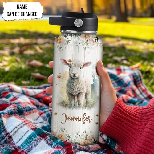 Hyturtle Personalized Lamb Water Bottle – Travel Insulated Stainless Steel Bottle with Leak-Proof Lid 18oz 32oz – Cute Animal Gift for Women, Girls, Sheep Lovers – Birthday & Christmas Gift - color: Lamb