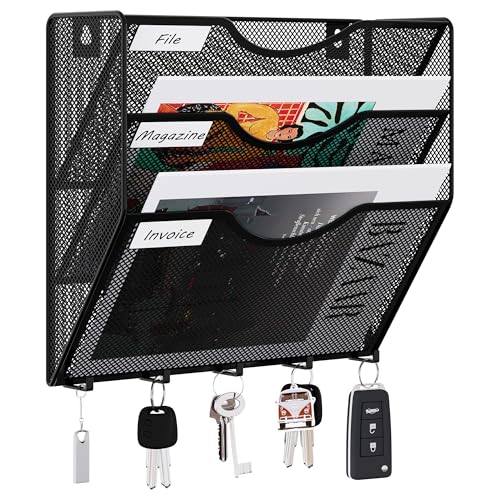 EasyPAG 3 Pocket Mesh Wall File Organizer with Key Hooks, Hanging Paper Folder Holder with Classify Label, Vertical Wall Mount Mail Organizer for Office Home Classroom, Black - color: Black with Hooks, size: 3 Tier