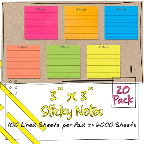 Better Office Products Lined Sticky Notes 3 x 3, 20 Pack Box, 2,000 Sheets (100/Pad), Self Stick Notes with Lines, Bright Assorted Colors, Post Memos, Strong Adhesive, 20 Pads in Box