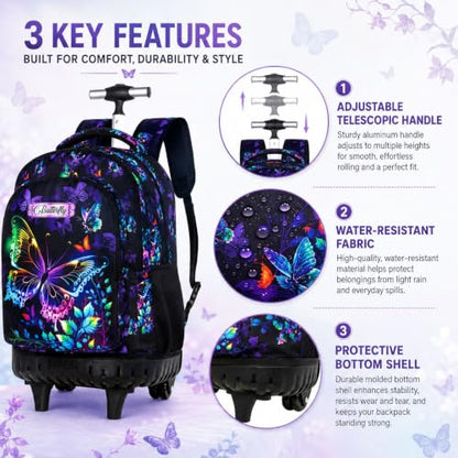 HPJGD 3PCS Rolling Backpack for Girls, Womens Butterfly School Backpacks with Wheels, Water Resistant Roller Kids Wheeled Bookbag Set with Lunch Box - color: Black Butterfly Rolling Set