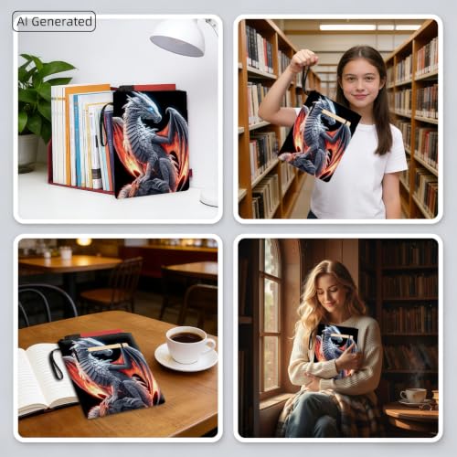 Padded Book Sleeve with Zipper & Front Pocket, Fabric Book Cover | Fantasy Ice Fire Dragon11.4"x8.7" Washable Canvas Pouch for Hardcovers, Tablets & Reading Accessories - color: Fantasy Ice Fire Dragon