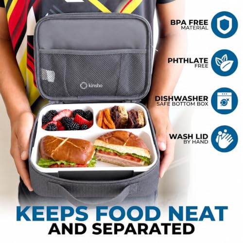 kinsho Bento Lunch Box, Ice Pack, Insulated Bag for Kids Adults, Black Gray | 3 Leak-Proof Compartments, Secure Lid, Insulated Food and Snack Container Set for Boys, School, Work, BPA Free - color: Black in Grey Bag