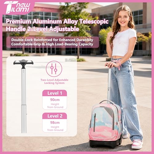 NEW TILAMI 18 inch Rolling Backpack for Girls Boys - Waterproof Durable Stai-Climbing Adjustable Handle Three Wheeled, Pink Sunset Glow - color: Pink Sunset Glow
