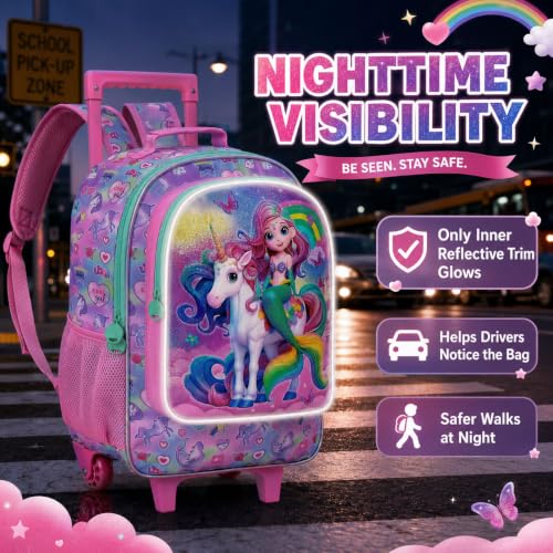 gxtvo Girls Rolling Backpack, Cute Mermaid Roller Wheels Kids Bookbag - Wheeled Elementary School Bag - 3PCS Mermaid - color: Uv Printing Mermaid Unicorn Pink Rolling Backpack