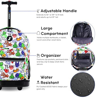 J World Sunrise Kids Rolling Backpack with Wheels for Girls Boys, Roller Bookbag for School, 18 x 13 x 9 Inches, Street Art - color: Street Art