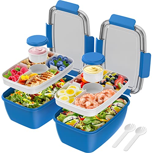 Cherrysea 2Pack Salad Lunch Container, 68oz Salad Bowls with 4 Compartments Tray,Leak Proof Lunch Box with Fork for Men,Women BPA-Free Snack Box with Sauce Container for Dressings - Blue - color: 2Pack-Blue, size: 68oz