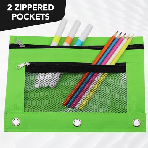 3 Ring Pencil Pouch for Binder, 2-Pocket Zipper Pencil Case with Clear Window & Mesh Pocket, 600D Oxford Fabric Binder Pouch for School Office Supplies, Fits Standard 3-Ring Binders, Green - color: Green