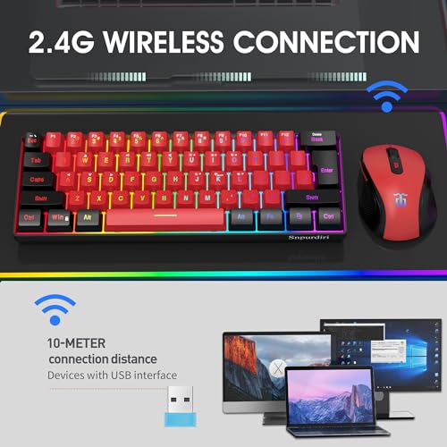 Snpurdiri 2.4G Wireless Gaming Keyboard and Mouse Combo, 60 Percent Wireless Keyboard and Ergonomic Vertical Feel Small Mouse (Black and Red) - color: Black Red Combo