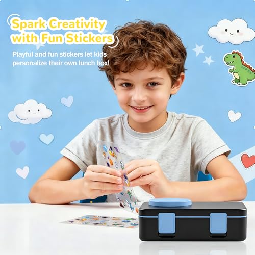 Bento Box for Kids, Leakproof Kids Bento Lunch Box Container with 8oz Insulated Thermo Food Jar, Sauce Jar, Utensil, DIY Stickers for School Boys Girls, 3-4 Compartments, BPA-Free - color: Black Blue