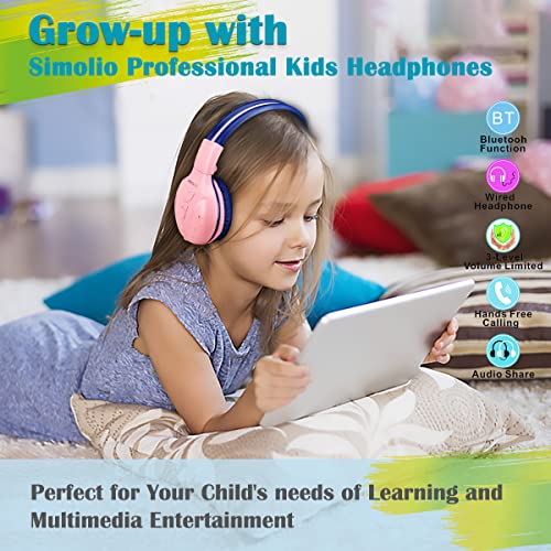 SIMOLIO 2 Pack Kids Bluetooth Headphones with Share Port, 75/85/94dB Volume Limit w/Mic for Toddler Teens, Bluetooth 6.0, 30H Playtime, Foldable Headsets w/Travel Case for School Airplane iPad PC - color: Mint & Pink