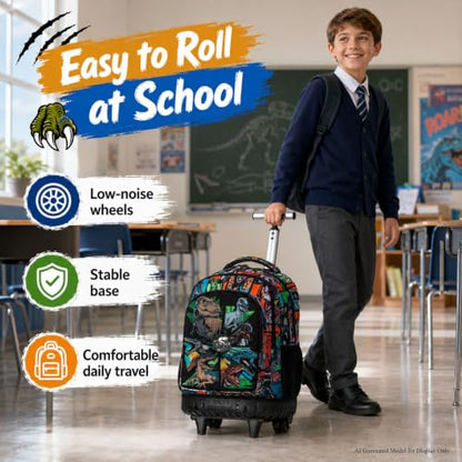 WZLVO 3PCS Rolling School Backpack, Water Resistance Roller Bookbag for Boys, Wheeled Bag Set with Lunch Box & Pencil Bag for Teens & Kids - Dinosaur Gathering