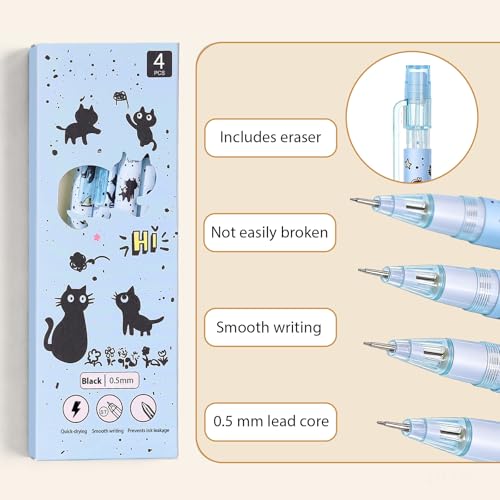 4 Pcs Cat Mechanical Pencils Cute 0.5mm Mechanical Pencil Kawaii Pencils School Pencil for Students Women Office School Suppies