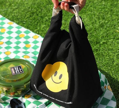 Japanese Bento Bag, Stylish Smiley Face Canvas Insulated Lunch Tote with Handle and Buckle Roll-up Lunch Bag - color: Green