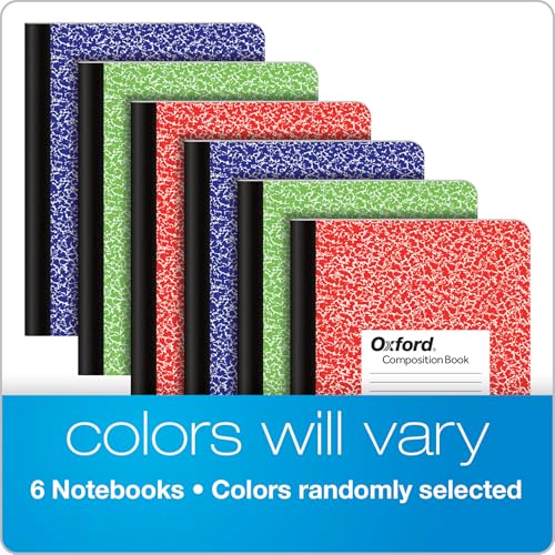 Oxford Composition Notebook 6 Pack, College Ruled Paper, 9-3/4 x 7-1/2 Inches, 100 Sheets, Assorted Marble Covers. 2 Each: Blue, Green, Red (63763)