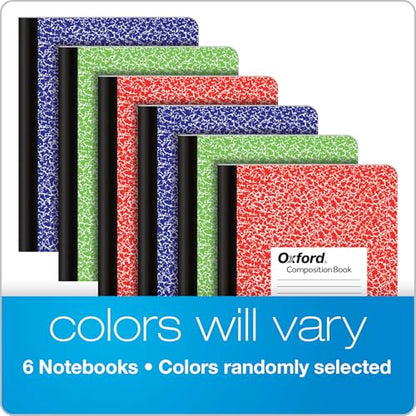 Oxford Composition Notebook 6 Pack, College Ruled Paper, 9-3/4 x 7-1/2 Inches, 100 Sheets, Assorted Marble Covers. 2 Each: Blue, Green, Red (63763)