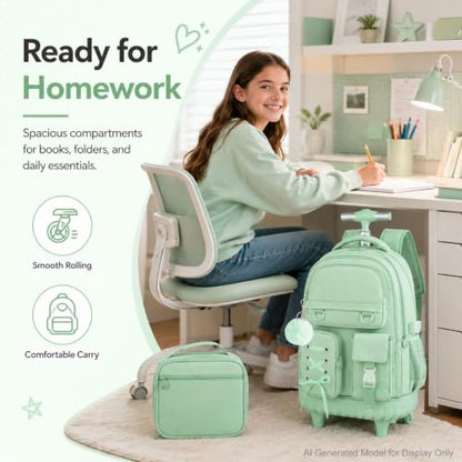 KLFVB Roller Backpack for Girls, 3PCS Rolling Bookbag with Lunch Bag for Kids, Wheeled School Bag for Teen - Cyan Ribbon Bow - color: Cyan Ribbon Bow Rolling Backpack