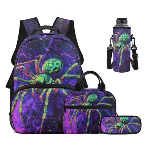 17 Inch Kid's 4PCS Backpack Set, Back to School Essentials | Insulated lunch box, water bottle pouch, pencil case, lightweight, padded shoulder straps, for elementary, middle school - color: Cool Spider