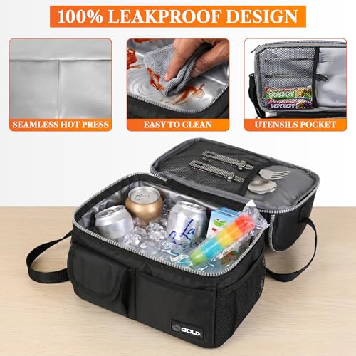 opux Insulated Lunch Bag Women Men, Dual Compartment Leakproof Lunch Box Adults Kids, Double Decker Meal Prep Bento Lunch Cooler Tote with Shoulder Strap for Work Office School Travel, Black - color: Black