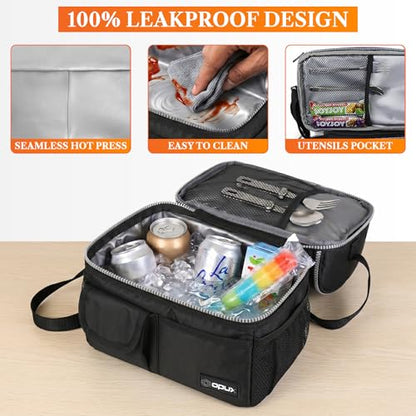 opux Insulated Lunch Bag Women Men, Dual Compartment Leakproof Lunch Box Adults Kids, Double Decker Meal Prep Bento Lunch Cooler Tote with Shoulder Strap for Work Office School Travel, Black - color: Black