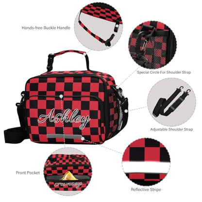 Custom Student Lunch Bag for Boys Girls Red Black Checkered Personalized Lunch Box With Name Insulated Cooler Bag for School Picnic Travel - color: Multi06