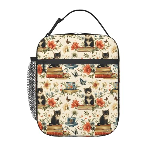 Cute Cat Lunch Box for Women Adults Kids, Insulated Cooler Kitten Lunch Bag for Picnic, School, Office, Travel, Work, Portable Reusable Polyester Tote Lunch Bags (Vintage Cat) - color: Cat74