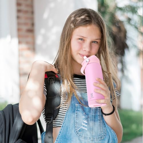 18oz Kids Insulated Water Bottle with Straw Lid & Silicone Handle,Kids Leak Proof Water Bottle for School Boys Girls,Double Wall Vacuum Stainless Steel with Non-slip Silicone Base(LightPink) - color: Light Pink, size: 18 Ounces