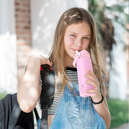 18oz Kids Insulated Water Bottle with Straw Lid & Silicone Handle,Kids Leak Proof Water Bottle for School Boys Girls,Double Wall Vacuum Stainless Steel with Non-slip Silicone Base(LightPink) - color: Light Pink, size: 18 Ounces