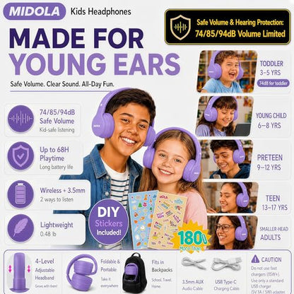 MIDOLA Kids Bluetooth Headphones 68H Play Time,Volume Limit 85/94dB, Foldable Lightweight Wireless Over-Ear Headphone for Kid Toddler Child Pad Tablet,Headsets with Built-in Mic Light Purple - color: Light Purple