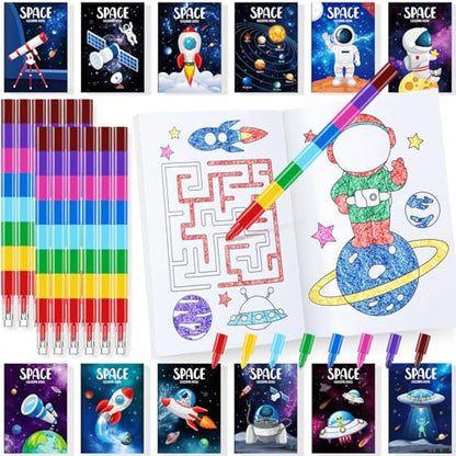 BenLouis 24 Outer Space Mini Coloring Books Kids with 24 Stacking Crayons Astronaut Party Favors Activity Books Bulk for Kids Solar System Galaxy Alien Goodie Bag Gift Stuffer Classroom Reward - style: Space