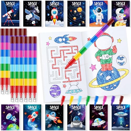 BenLouis 24 Outer Space Mini Coloring Books Kids with 24 Stacking Crayons Astronaut Party Favors Activity Books Bulk for Kids Solar System Galaxy Alien Goodie Bag Gift Stuffer Classroom Reward - style: Space